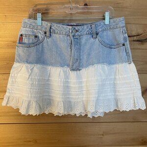 Girl's Size 11 Blue White Denim Jean Mini Skirt Eyelet Ruffle Hem
